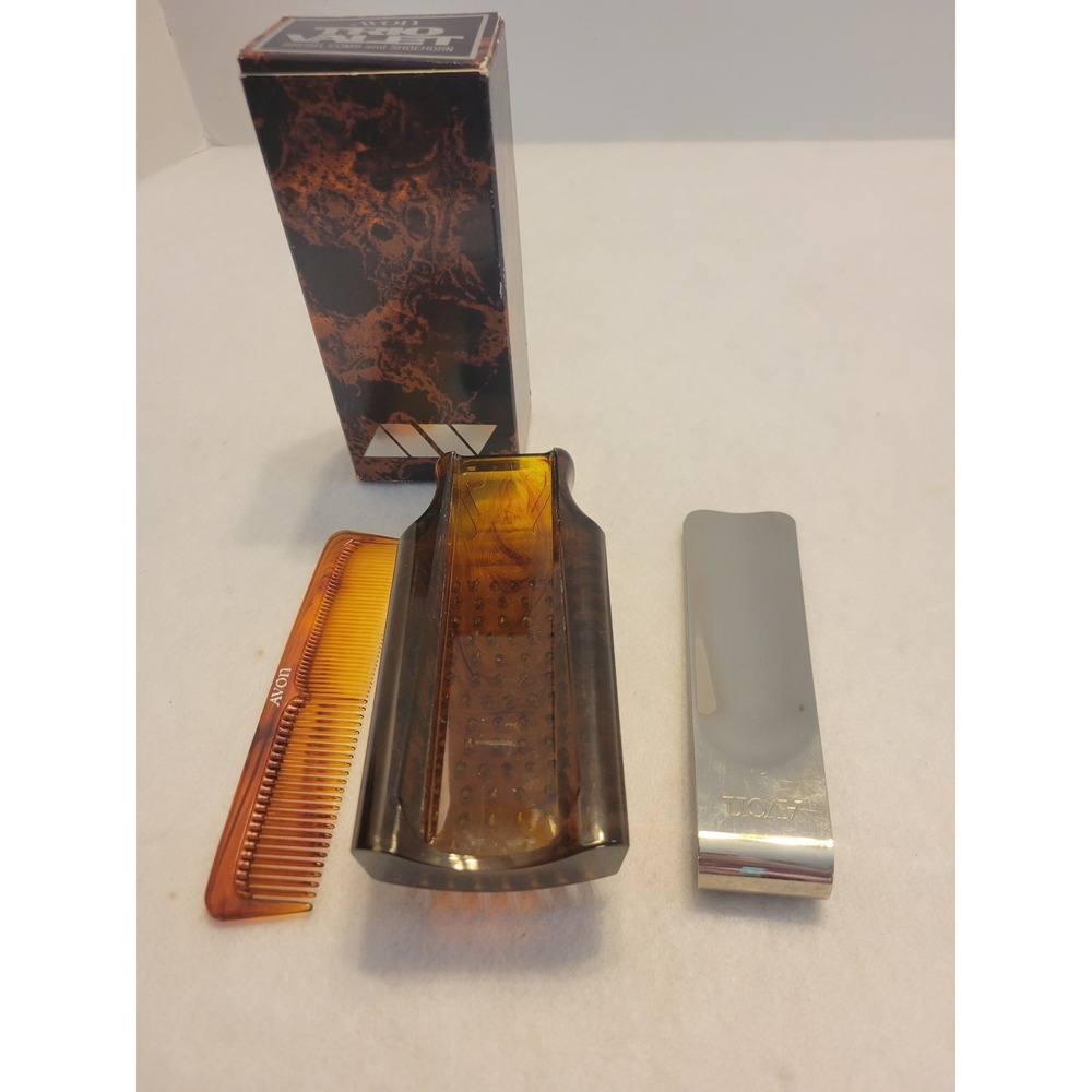 VTG Avon Trio Valet comb Brush Shoe Horn 1970s Collectible Faux Tortoise w/ Box